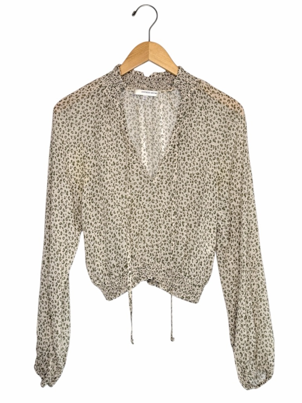 Lavender Brown Beige Leopard Smocked-Hem Long Sleeve Blouse Women’s Size XS